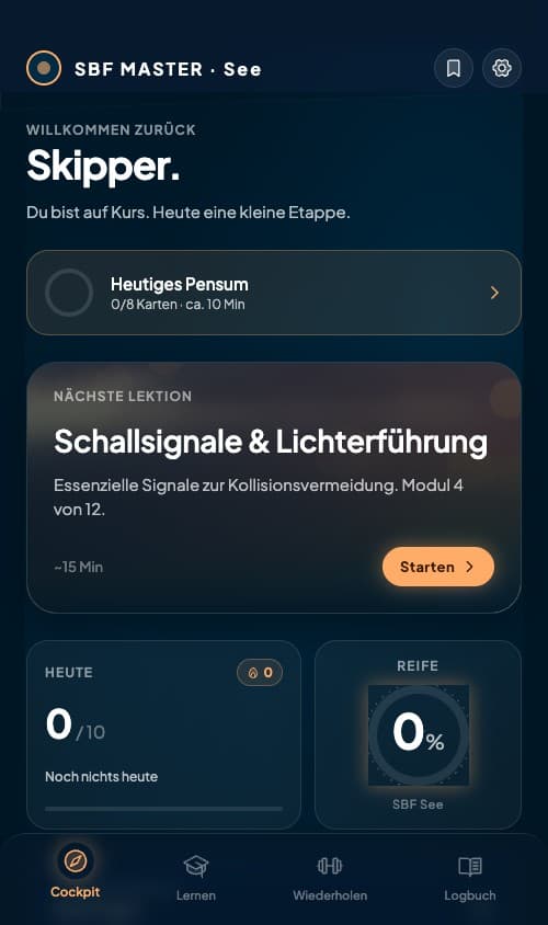 Cockpit-Screen mit Fortschritt und Tagesplan